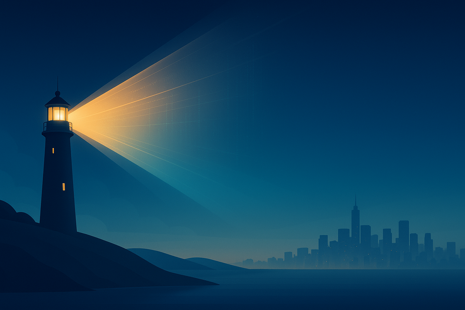 A lighthouse shining its beam across a dark ocean, symbolizing guidance and security in tenant screening.